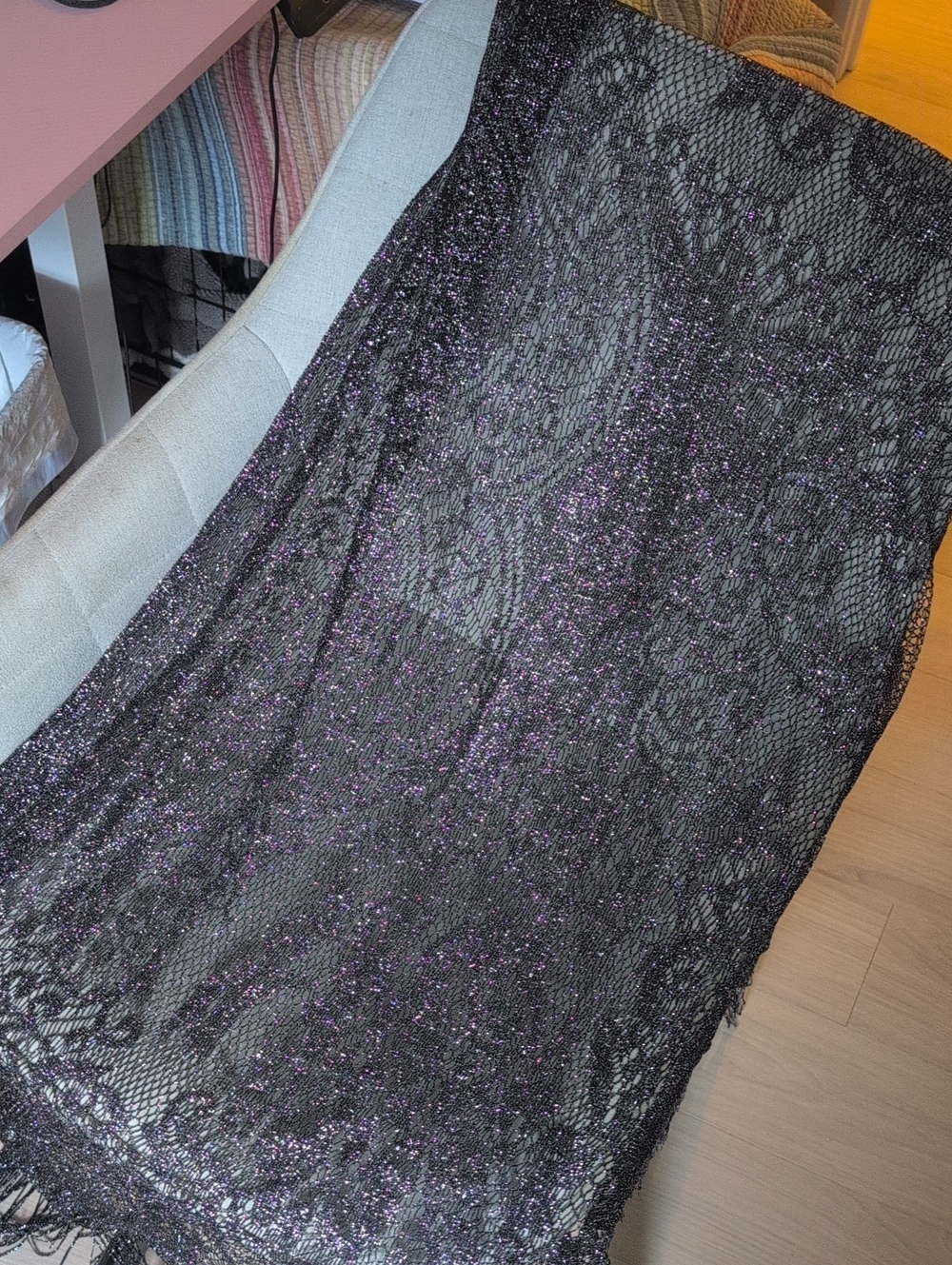 Vintage Nasharr Metallic Black Lace with Purple Sheen Fabric Trim